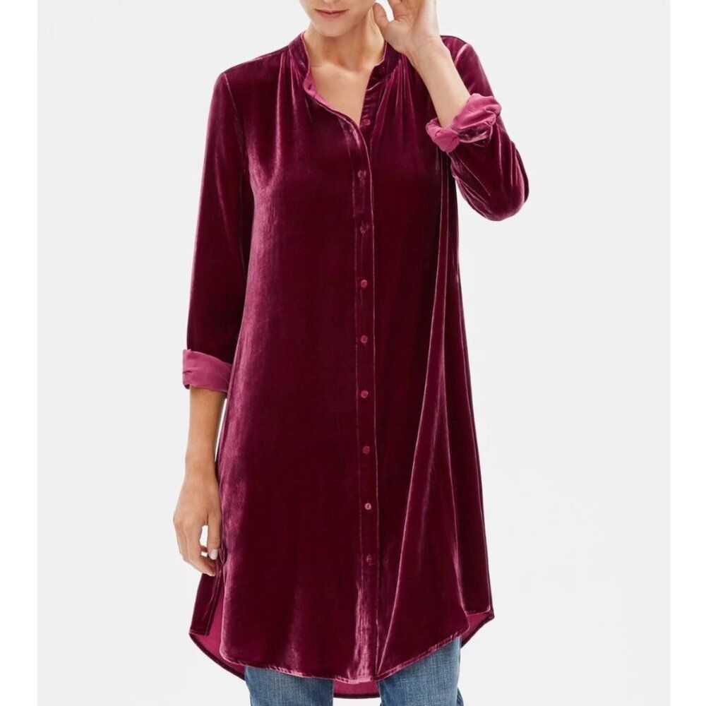 Eileen Fisher Women's Red Velvet Silk Mandarin Collar Long Shirt Size S